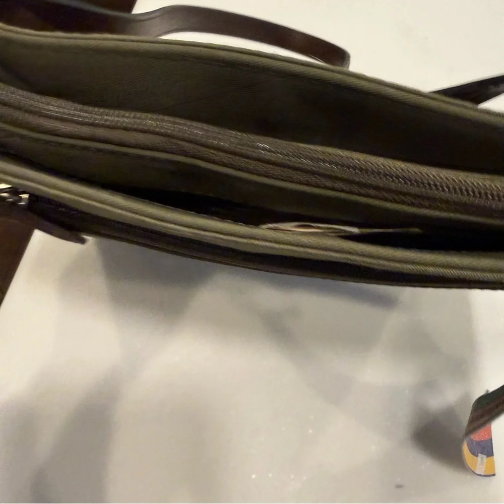 Tano New York Olive Green Canvas Shoulder Bag 3 Center Comp, Outside Zip NWT